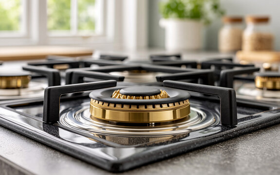 Close up of modern stainless steel gas cooker with brass burners. Metal stove top in bright domestic kitchen. Clean cooking appliance surface with black iron grates.