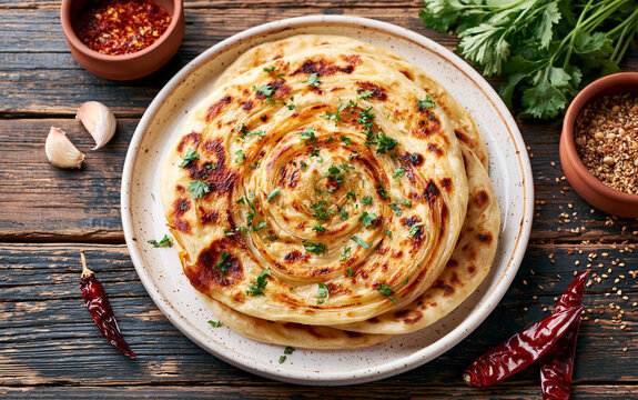 Crispy layered paratha served on white plate. Flaky Indian flatbread lies on rustic wooden table with spices, garlic, chili, fresh herbs.