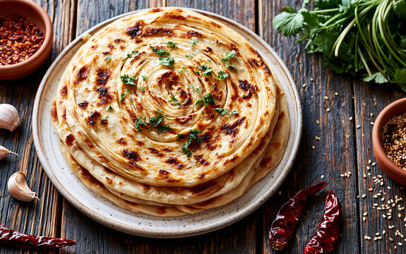 Crispy layered paratha served on white plate. Flaky Indian flatbread lies on rustic wooden table with spices, garlic, chili, fresh herbs.