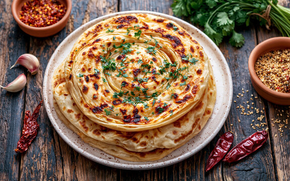 Crispy layered paratha served on white plate. Flaky Indian flatbread lies on rustic wooden table with spices, garlic, chili, fresh herbs.