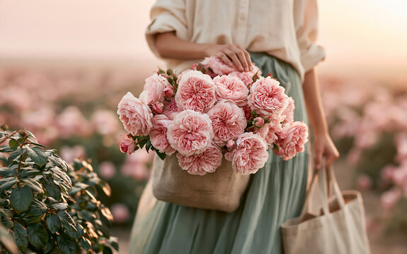 Woman carries heavy linen bag full of fresh pink roses in flower field. Farmer gathers blooming garden flowers at sunrise.