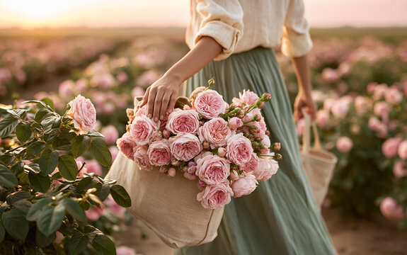 Woman carries heavy linen bag full of fresh pink roses in flower field. Farmer gathers blooming garden flowers at sunrise.