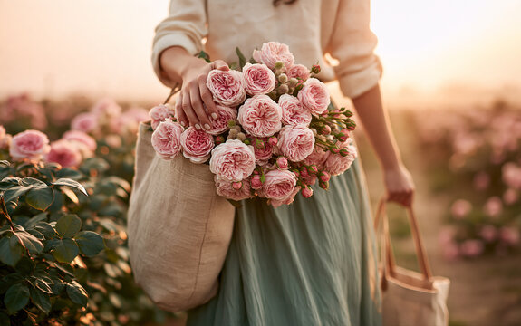 Woman carries heavy linen bag full of fresh pink roses in flower field. Farmer gathers blooming garden flowers at sunrise.