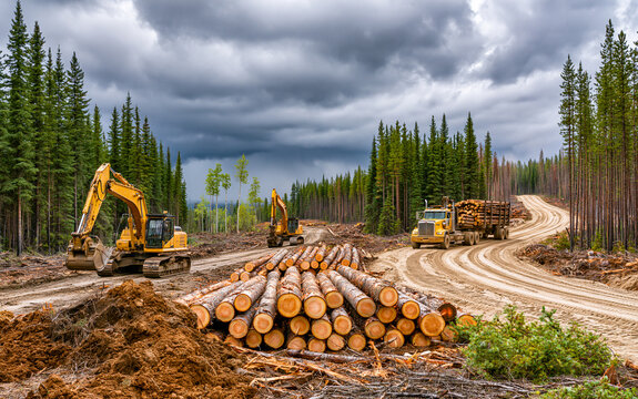 Heavy machinery works at forest construction site. Yellow excavator moves dirt near pile of timber logs. Large logging truck carries wood on dirt road through evergreen trees.