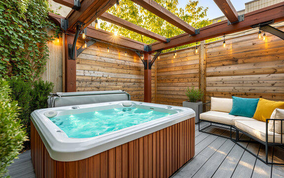 Modern backyard spa area with wooden pergola, hot tub on grey deck. Luxury outdoor lounge with teal, yellow pillows.
