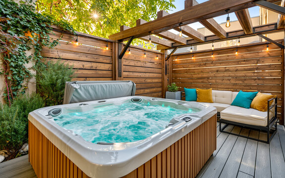 Modern backyard spa area with wooden pergola, hot tub on grey deck. Luxury outdoor lounge with teal, yellow pillows.