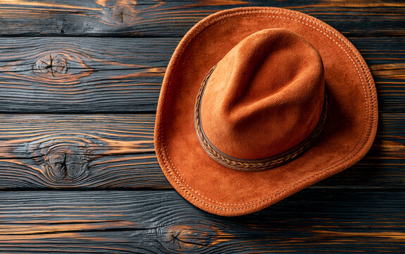 Stylish terracotta cowboy hat lies on dark brown wooden plank background. Western headwear accessory with leather detail on rustic timber surface.