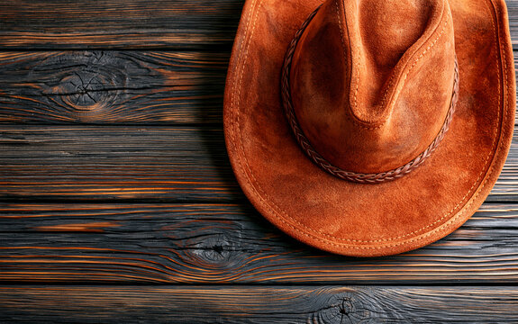 Stylish terracotta cowboy hat lies on dark brown wooden plank background. Western headwear accessory with leather detail on rustic timber surface.