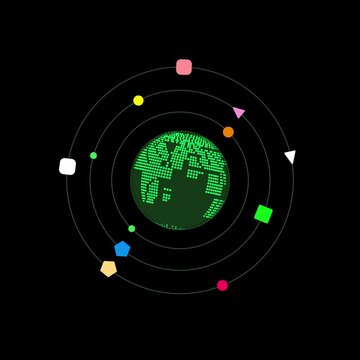 Futuristic digital globe surrounded by orbiting geometric shapes in a technological space concept transparent background