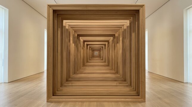 Square recursive architectural installation with identical wooden picture frames arranged in deep concentric layers, minimalist conceptual interior photography, warm ivory gallery walls, pale oak
