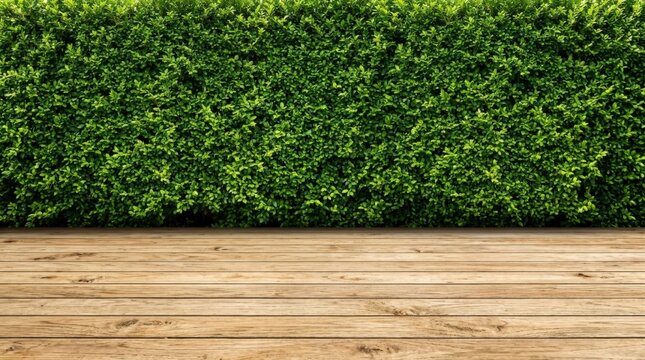 Fresh dense green hedge wall behind a horizontal natural wooden deck surface, outdoor product display background photography, meticulously textured small green leaves covering the entire upper