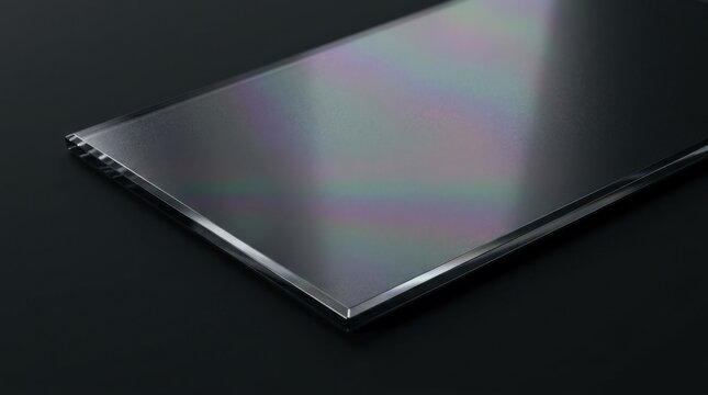 Thin dark graphite glass panel positioned diagonally with a fine rainbow diffraction sheen across its textured surface, premium technology material photography, charcoal black and metallic gray with