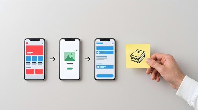 A person's hand holding a yellow sticky note with a book icon next to three smartphones showing a sequence of mobile application user interface designs for an educational or library app.