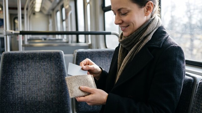 Woman holding a card while sitting on a public transport train with blurred background