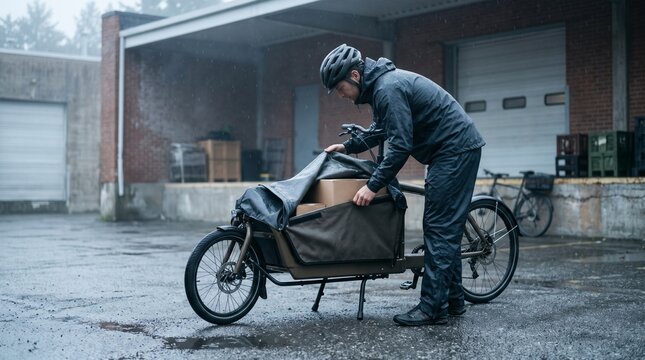 Delivery person in rain covers cargo bike with packages near warehouse loading dock