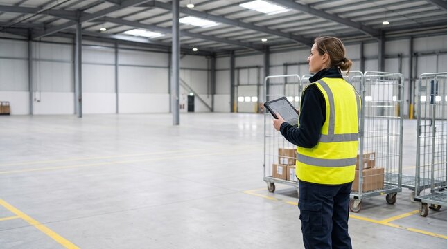 Warehouse worker in high visibility vest holding tablet and checking inventory next to rolling carts with boxes