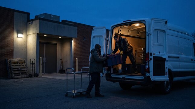 Two men unloading a large container from the back of a van at dusk near a building entrance