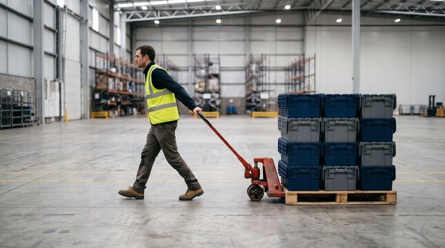 Warehouse worker pulls pallet jack with stacked storage bins across industrial facility floor
