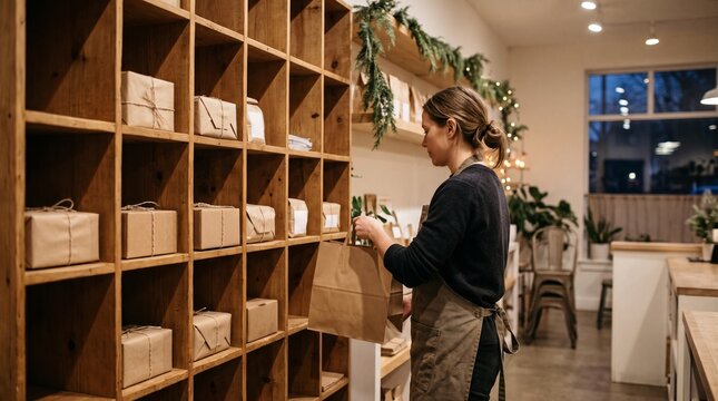 Shopkeeper arranging packages on wooden shelves in a retail store