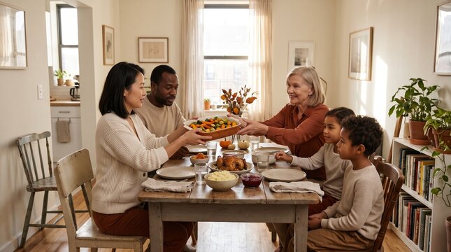 Multiethnic family enjoying a festive holiday meal together around a dining table laden with traditional dishes