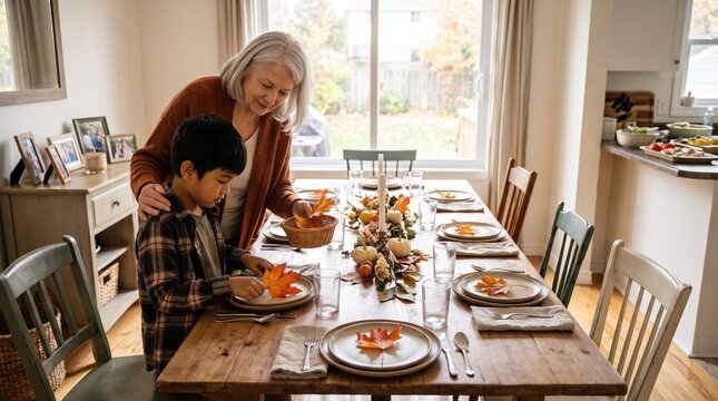 Grandmother and Grandson Setting a Festive Autumn Table for a Family Gathering