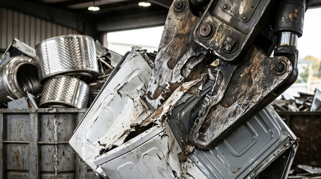 Industrial hydraulic shear cutting through the steel casing of a discarded washing machine inside a scrap metal processing facility, concept of recycling and appliance disposal