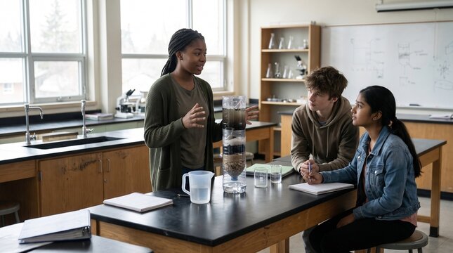 Diverse students in a science classroom learning about water filtration with a homemade experiment