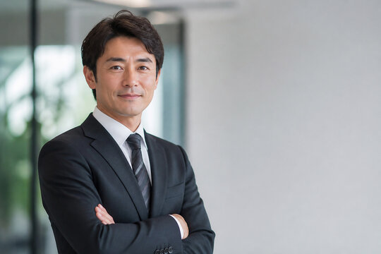 オフィスで腕を組むスーツ姿の男性