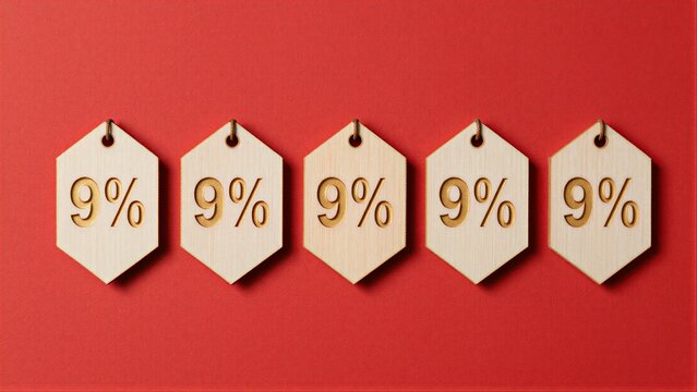 Five wooden 9% discount tags arranged neatly on a vibrant red background.