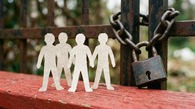 Paper cutout figures locked behind a chain and padlock on a rustic fence symbolizing exclusion and restriction