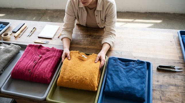 Textile inspector checks colorful knitwear for resale
