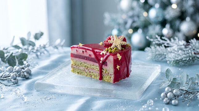 Elegant holiday cake with layered sponge and vibrant raspberry glaze surrounded by festive silver decorations