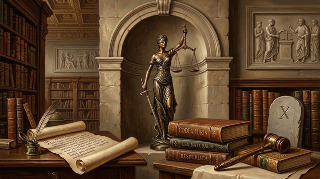 Justice Law and Order Lady Justice Statue in Vintage Library with Old Books Scroll and Gavel