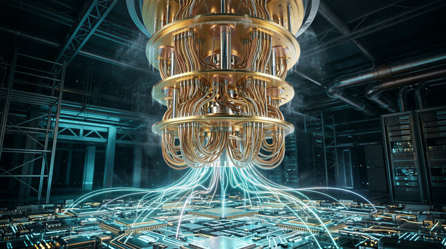 Golden multi-tiered quantum dilution refrigerator chandelier over circuitry with glowing qubit links in a cryogenic facility, concept of quantum computing, cryptography and blockchain security