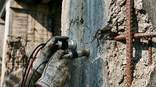 Ultrasonic pulse velocity transducer and half-cell potential electrode pressed against spalling reinforced concrete on a highway viaduct pier, with exposed rebar and formwork behind.