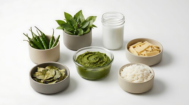 Fresh green herbs and healthy food ingredients in small bowls on a kitchen table. Thai meal kit