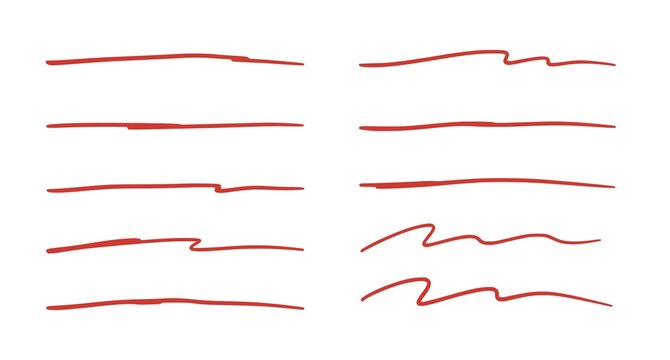 Red brush stroke. Marker pen highlight stroke. Vector pen underline set for accent, marker emphasis element. JPEG version.