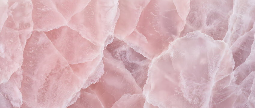 Rose quartz texture background with translucent pink crystal slices and soft white mineral edges for elegant pastel luxury wall and interior design