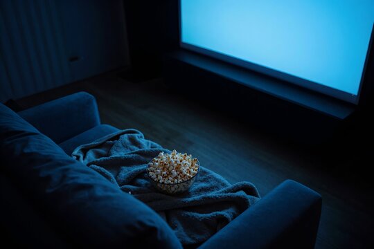 Quiet Christmas Movie Night Popcorn on a Sofa Lit by a Blue Screen