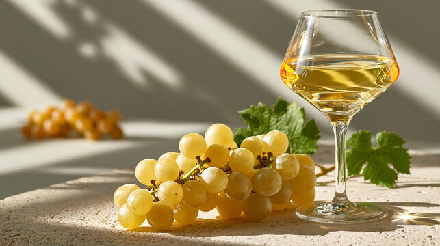 Glass of white wine beside a cluster of fresh grapes on stone surface with vitus vinifera