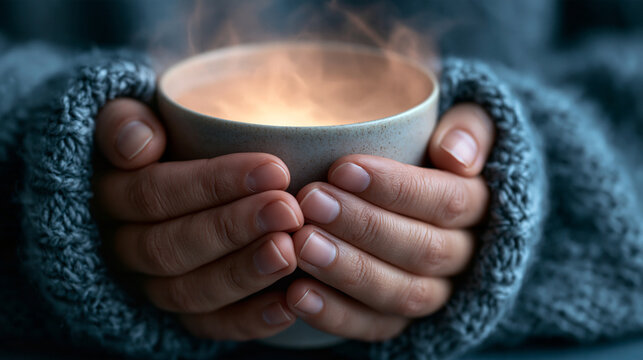 Person holding a warm steaming ceramic mug with both hands in a cozy sweater