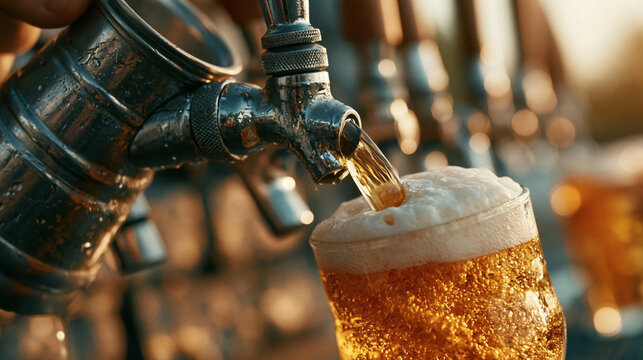 Golden beer pouring from a metal tap into a frosty glass mug with draft craft