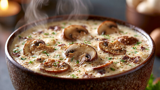 Creamy mushroom soup in a rustic bowl garnished with fresh green herbs