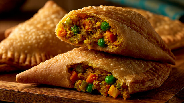 Freshly baked golden vegetable samosas on a wooden surface with samosa