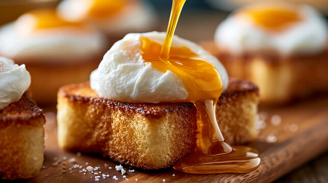 Fresh poached egg dripping over golden toasted bread on a rustic wooden cutting board