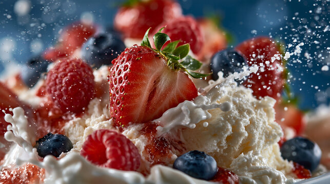 Fresh summer berries with whipped cream falling in slow motion organic food strawberries