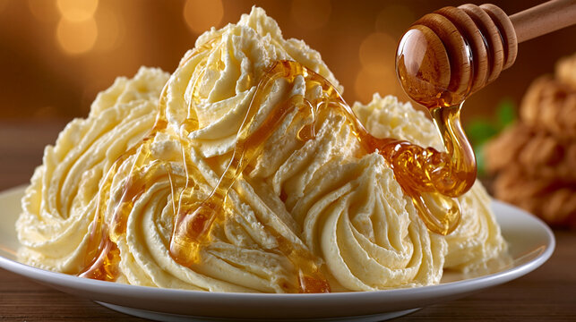 Fresh whipped cream on a plate drizzled with golden honey sweet food dipper