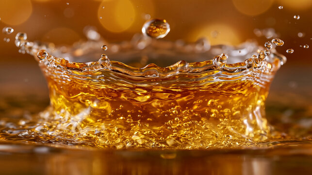 Golden liquid splashing in a dark amber setting