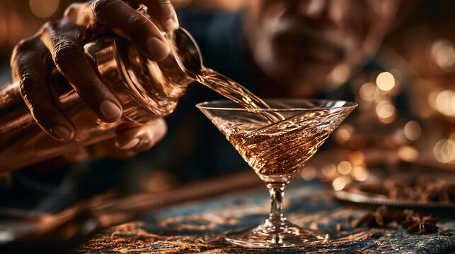 Bartender pouring amber liquor into a classic crystal martini glass with cocktail