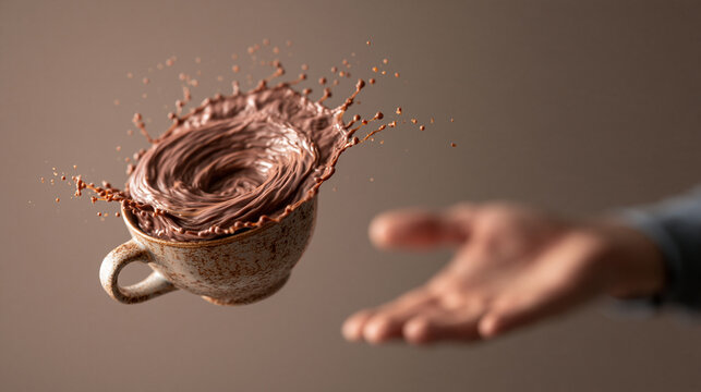 Hot chocolate swirling and splashing out of a rustic mug